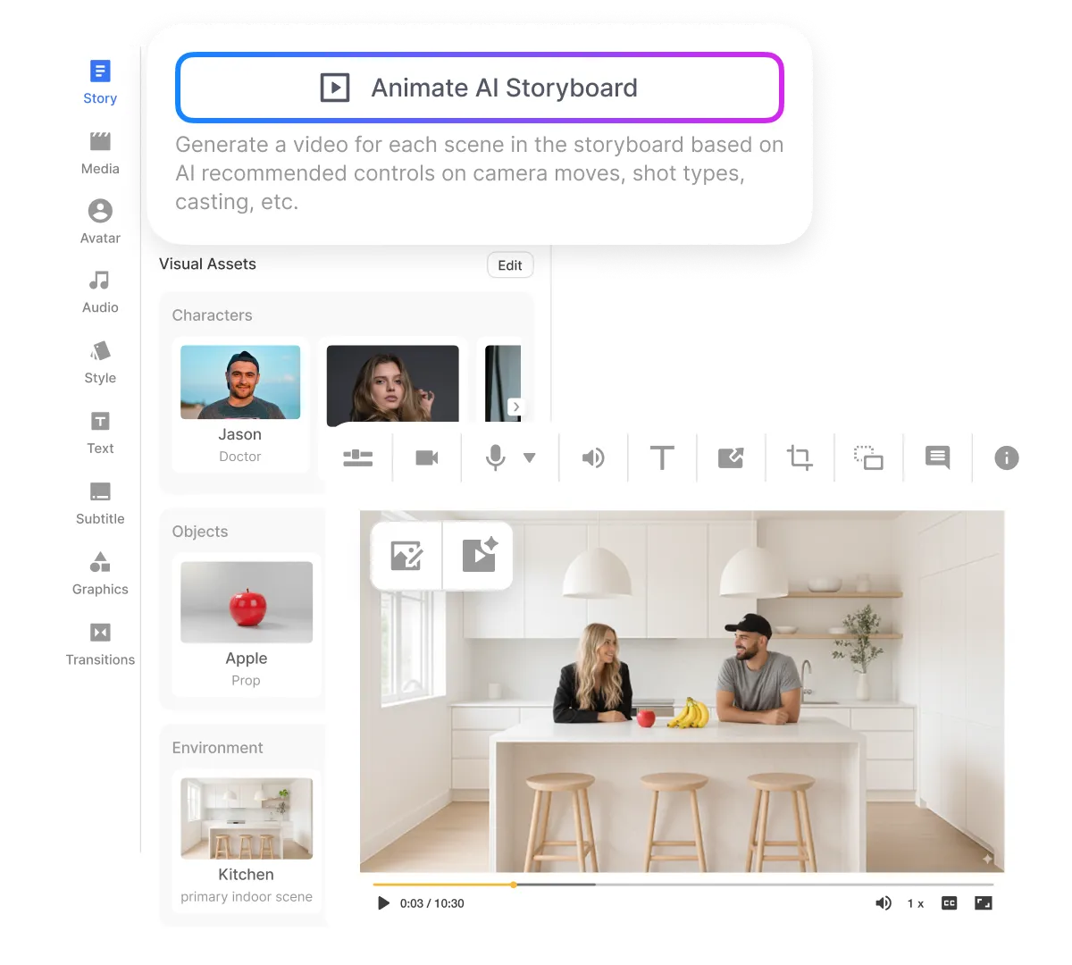 AI Storyboard Generator in Visla converting storyboard scenes into AI video clips while keeping characters, objects, and branding consistent